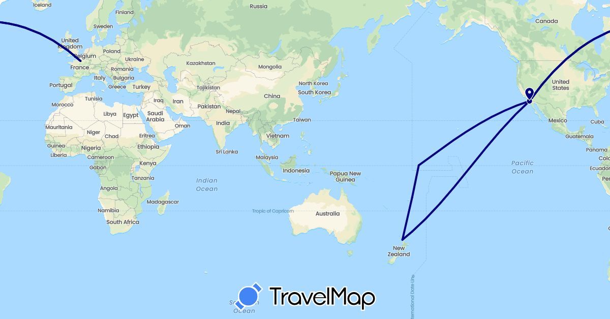 TravelMap itinerary: driving in France, New Zealand, United States (Europe, North America, Oceania)
